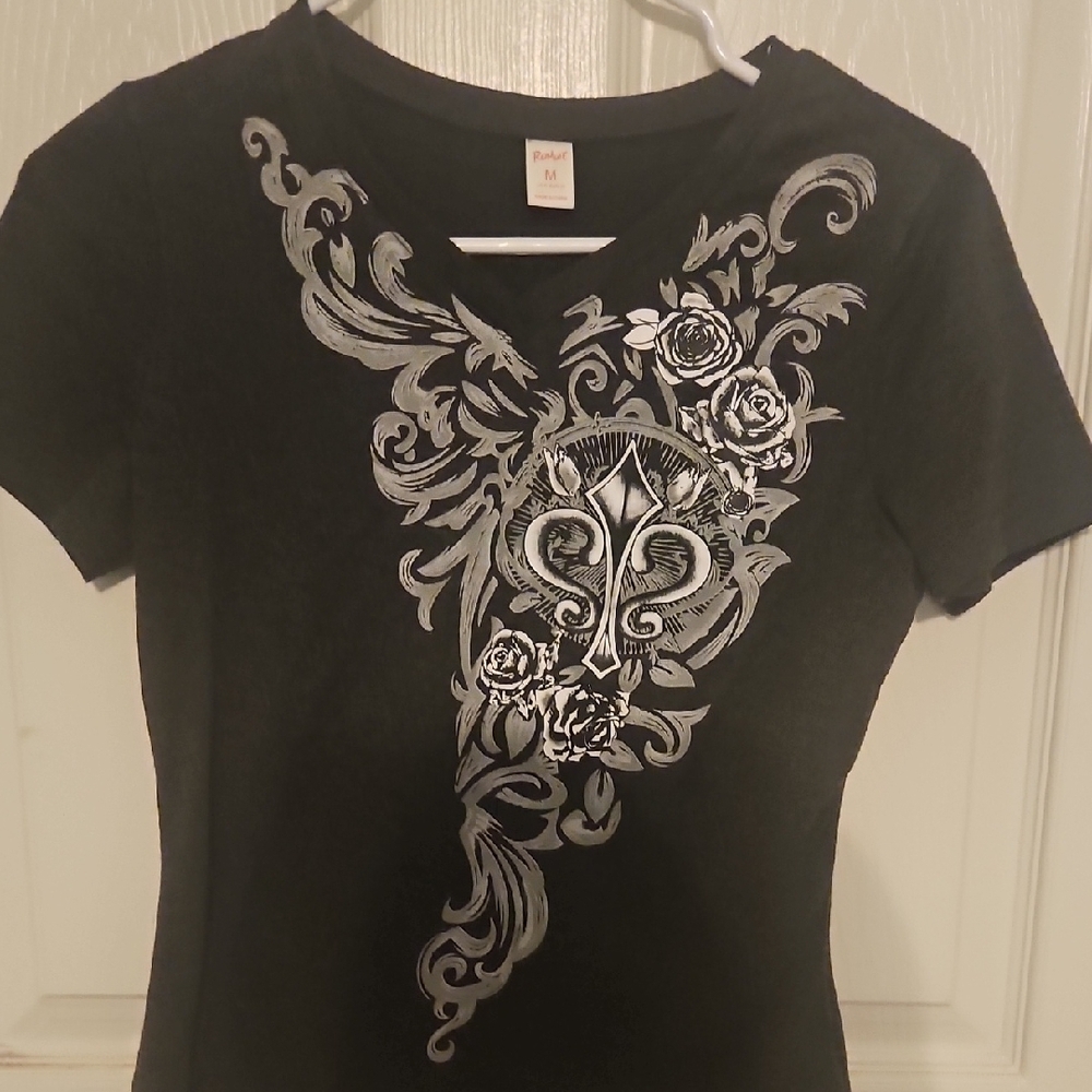 Black Graphic Tee with Floral Design